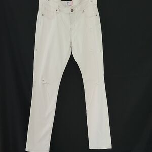 CAbi Women's Off-White Distressed Straight  Slim Boyfriend Jeans